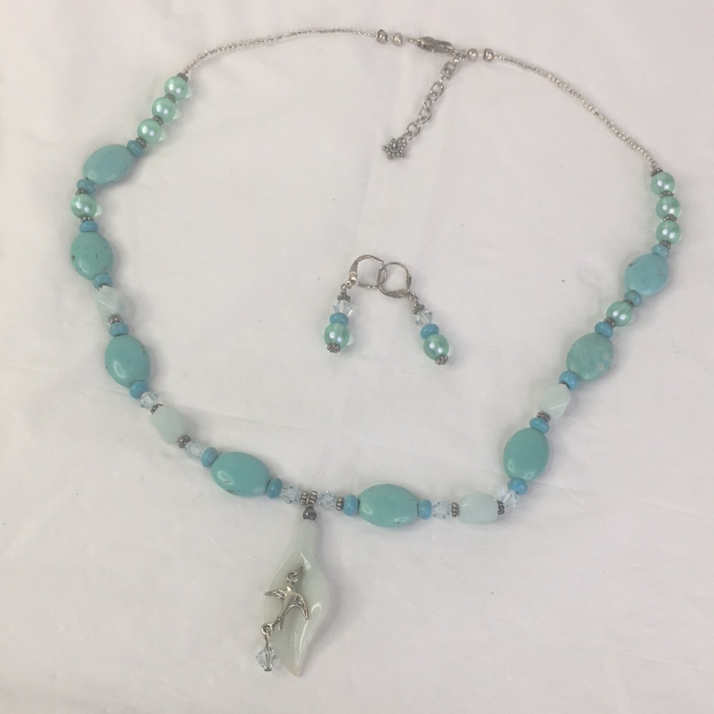 Artisan Swallow Necklace earring set Stone MOP blue turquoise silvertone